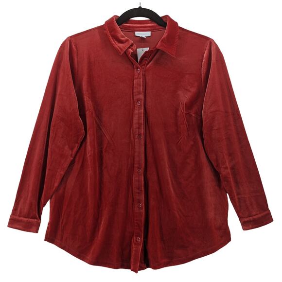 Charter Club Velour Shirt XL Ravishing Red Velvet Womens Button Down Long Sleeve - Picture 1 of 12